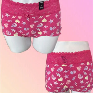 Torrid 1 Pink Electric Skull-Heart Print Scallop Lace Waistband Boyshort Panties